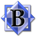 A two-blue-tone-harlequin square, rotated 45 degrees from horizontal, then intertwingled with a checkerboard style frame. An ambigously serifed black capital letter 'b' is overlayed, with a faint white blurred glow around the edges.